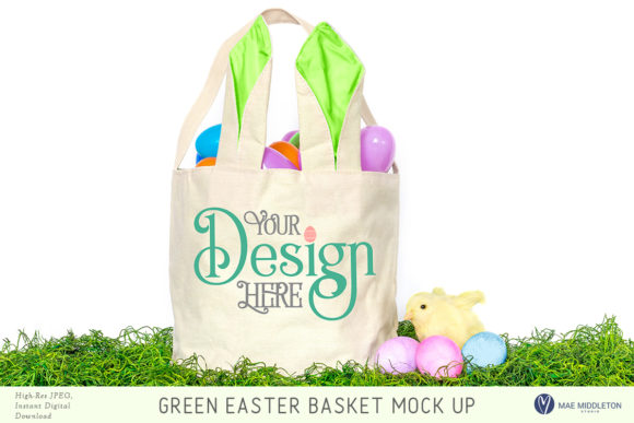 Easter Basket with Green Bunny Ears Mock Up for Graphics and Tote Bags
