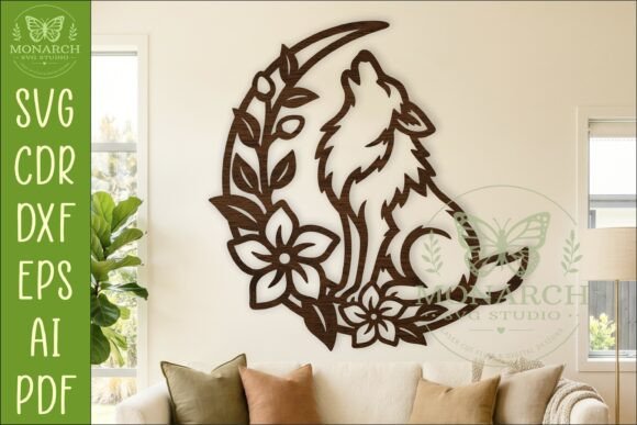 Floral Wolf Moon Wall Art SVG for Laser Cutting and Wall Decor