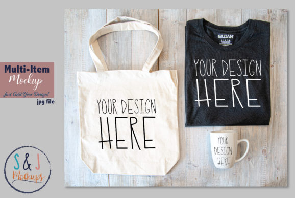 Multi Item Mockup, Shirt Cup and Bag for Apparel Mockups and Graphics