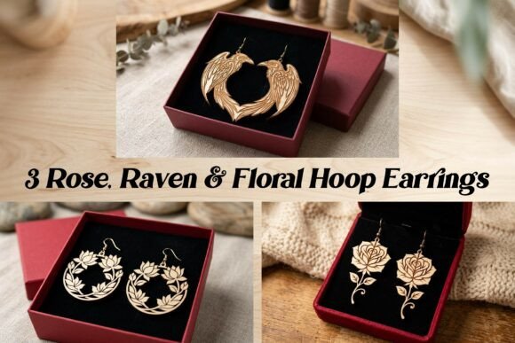 Rose, Raven Floral Hoop Earrings Laser Cutting Design