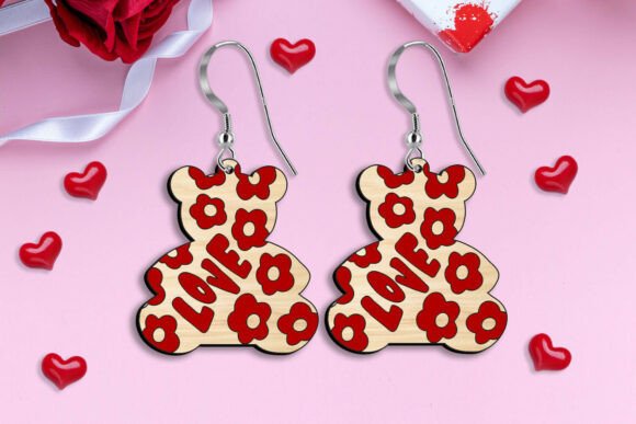 SVG Bear Love Valentine Earrings Flowers for Laser Cutting
